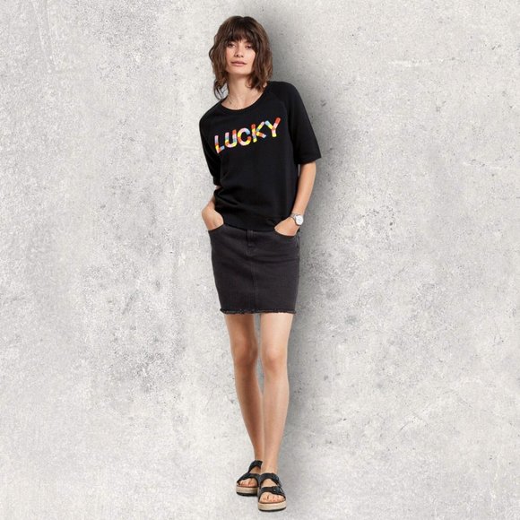 Hush Black Lucky Slogan Embroidered Cotton Short Sleeve Sweatshirt Size S UK 8 - Picture 2 of 3